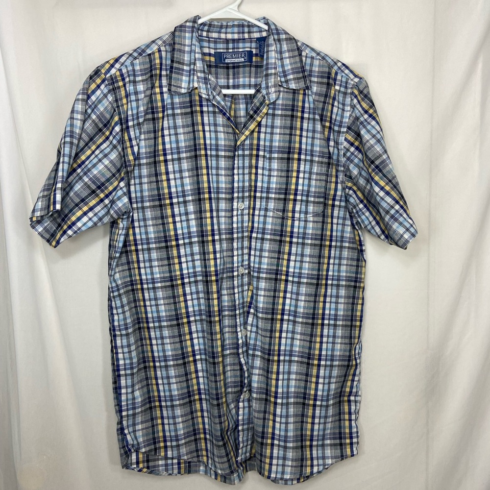 EUC Premier International youth boy’s blue plaid button down short sleeve‎ shirt